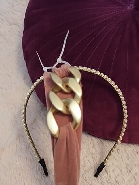 Pink Velvet Headband w/Gold Chain-Link Accent  & Thin Pearl Beaded Headband Set